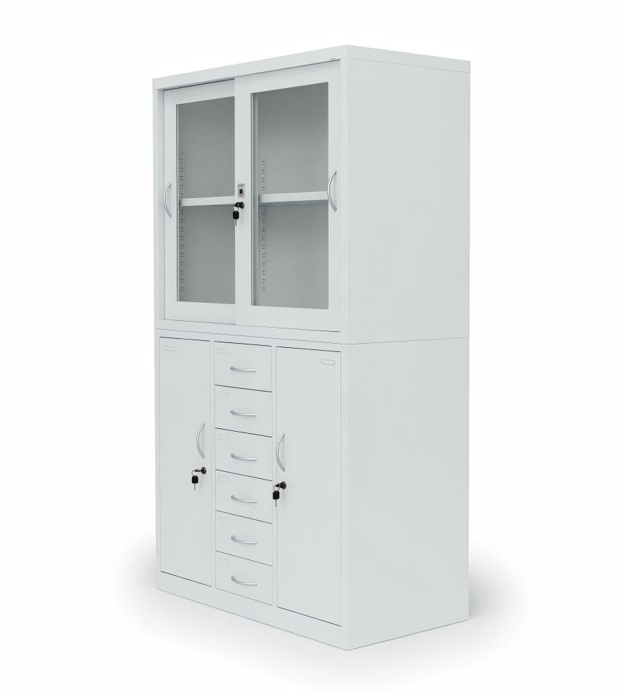 白色鋼製玻璃趟門帶六櫃桶文件櫃 White Steel Sliding Glass Door File Cabinet with 6 Drawers