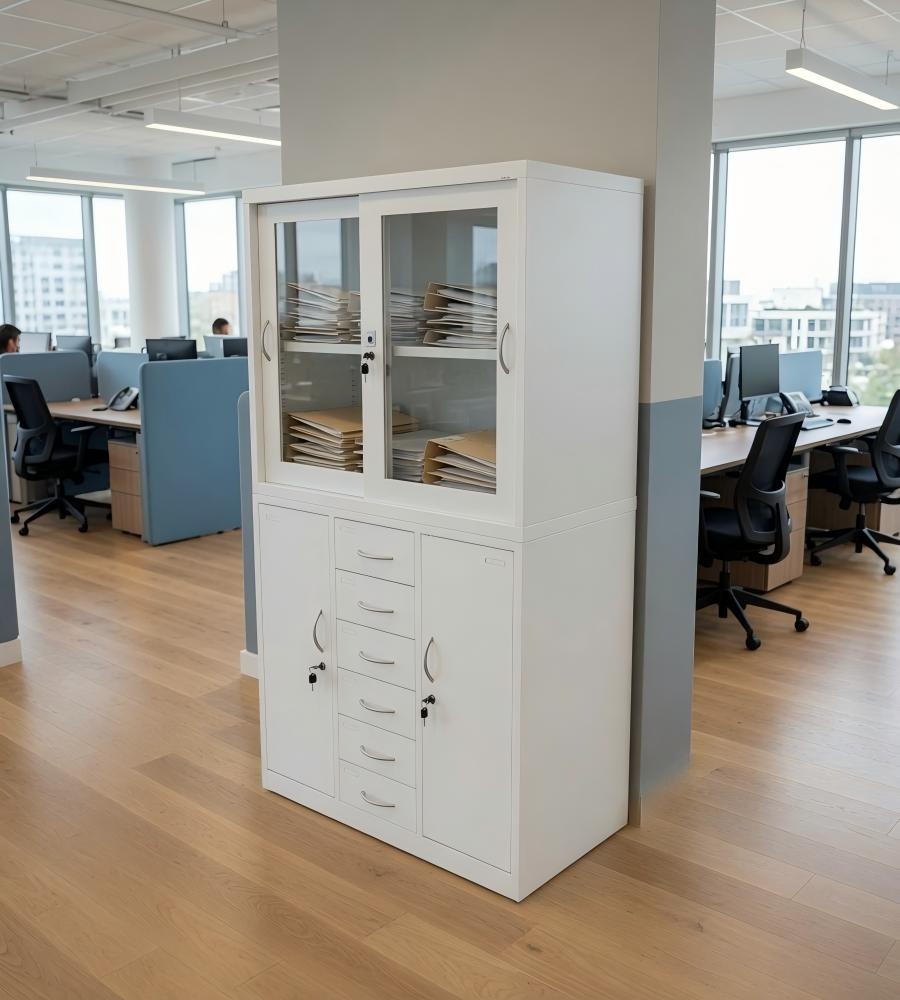 白色鋼製玻璃趟門帶六櫃桶文件櫃 White Steel Sliding Glass Door File Cabinet with 6 Drawers