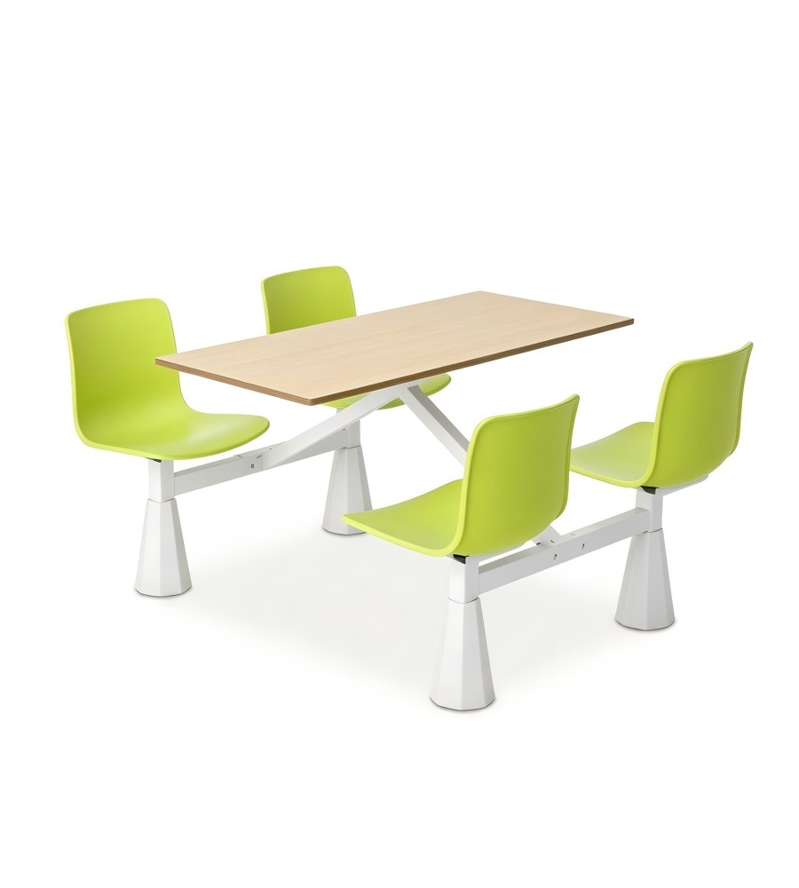 實用耐用淺木色配綠色鋼架四人位連體餐枱 School Canteen Dining Table Set