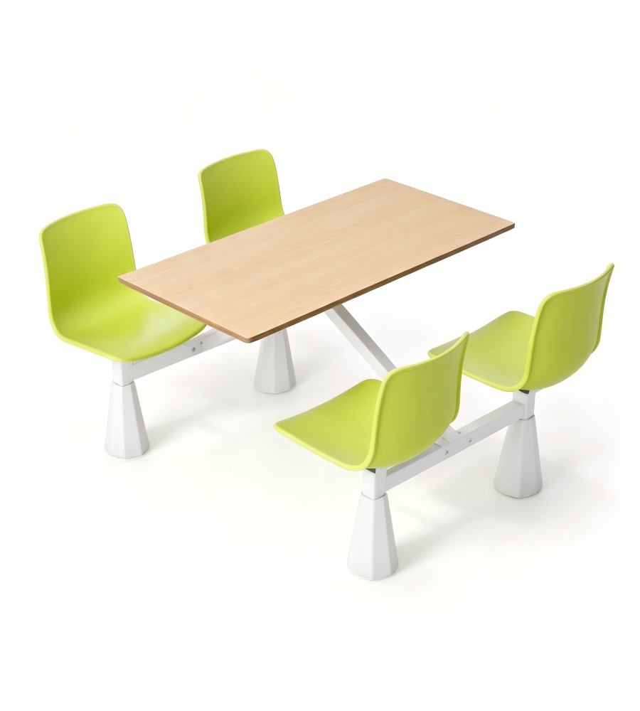 實用耐用淺木色配綠色鋼架四人位連體餐枱 School Canteen Dining Table Set