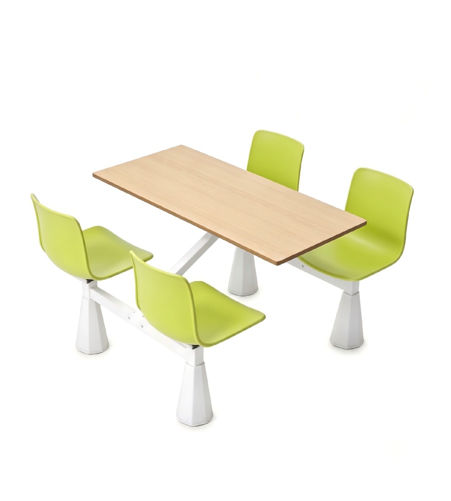 實用耐用淺木色配綠色鋼架四人位連體餐枱 School Canteen Dining Table Set
