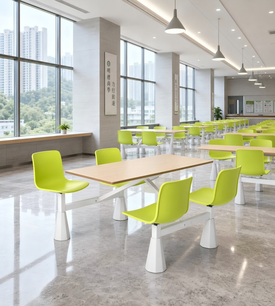 實用耐用淺木色配綠色鋼架四人位連體餐枱 School Canteen Dining Table Set