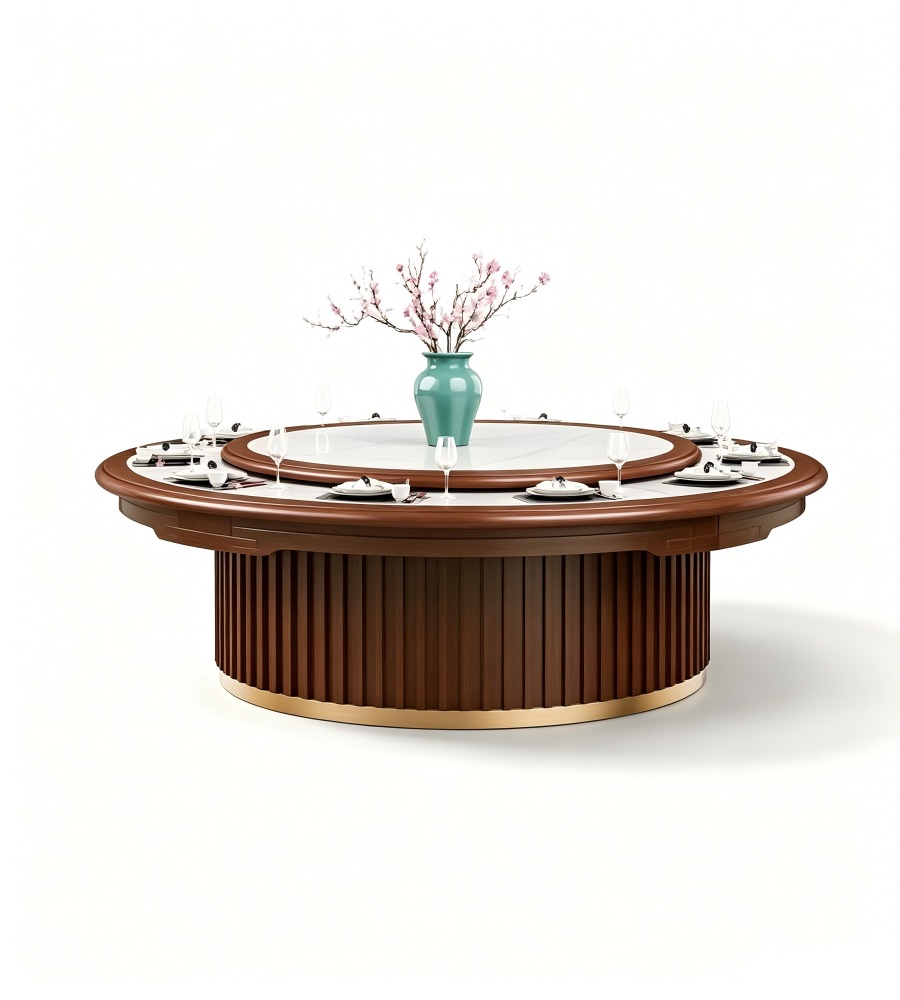 新中式深木紋電動大圓檯 New Chinese-Style Dark Wood Electric Banquet Table