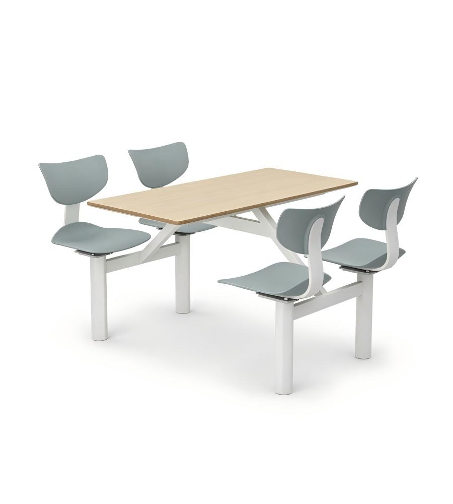 現代學校飯堂淺木色配灰色鋼架四人位連體餐枱 School Dining Table Set