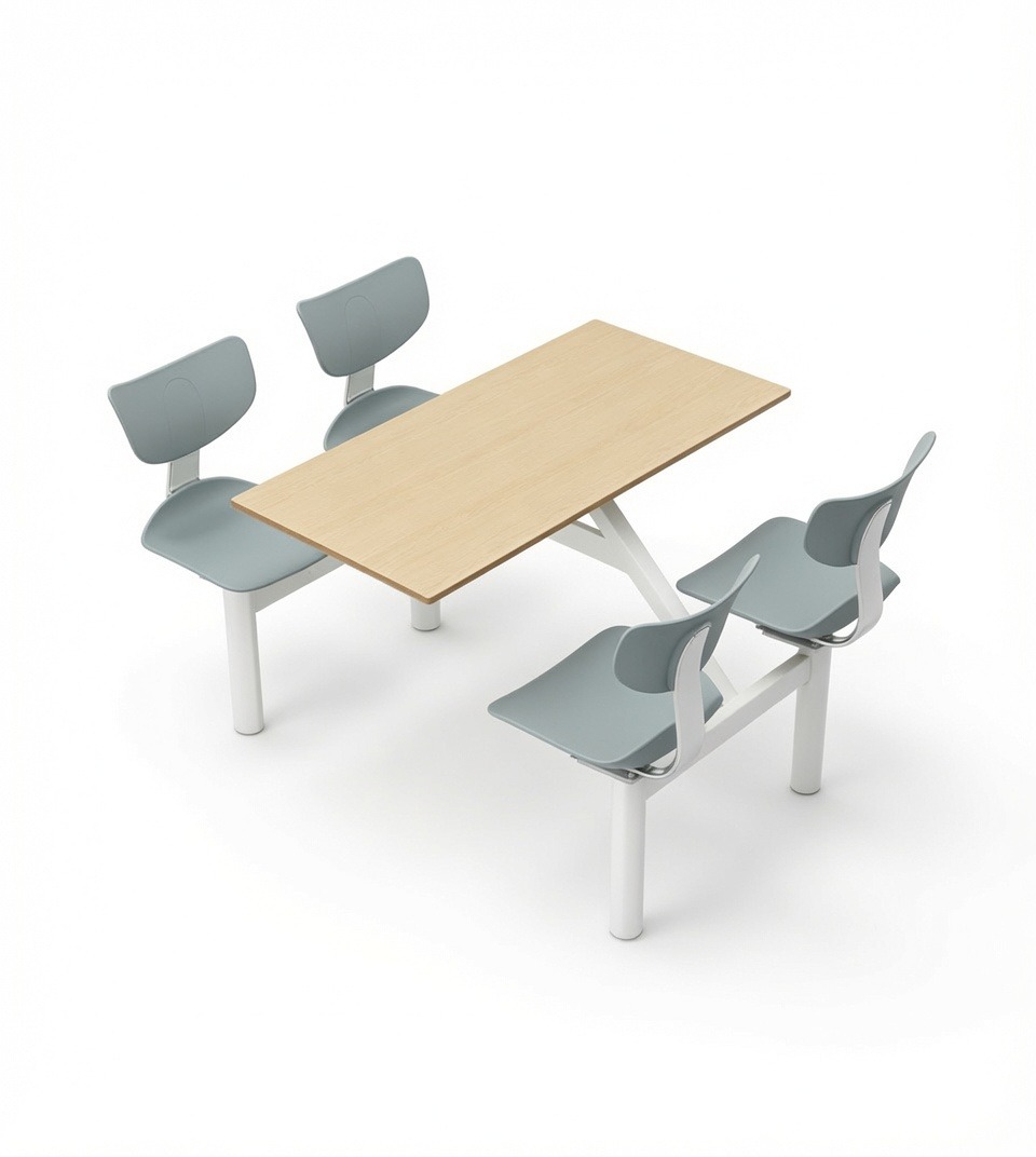 現代學校飯堂淺木色配灰色鋼架四人位連體餐枱 School Dining Table Set