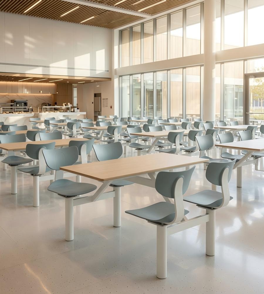現代學校飯堂淺木色配灰色鋼架四人位連體餐枱 School Dining Table Set
