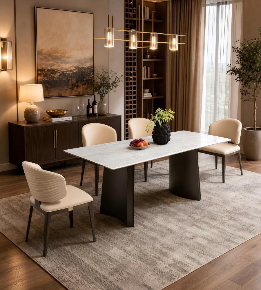 現代輕奢米色西皮灰鈦腳餐椅 Modern Luxury Beige PU Leather Titanium Grey Leg Dining Chair