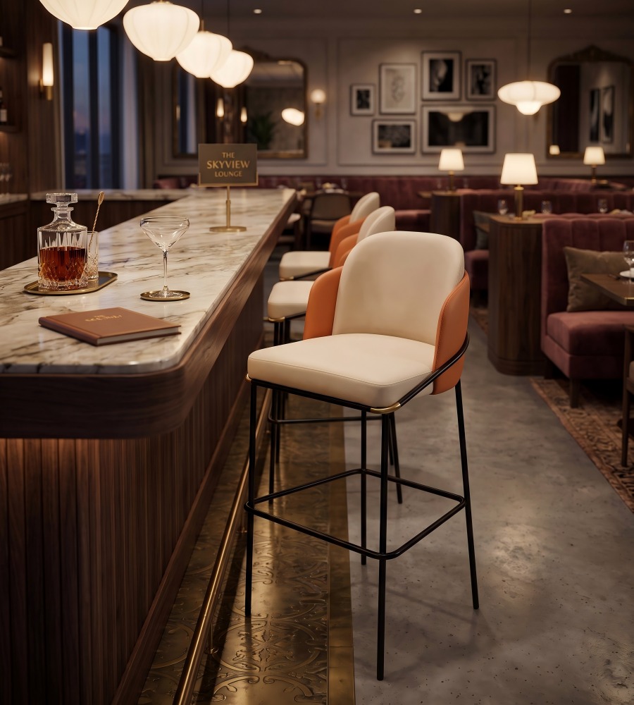 簡約米色布藝鐵腳帶扶手吧椅 Beige Fabric Bar Stool