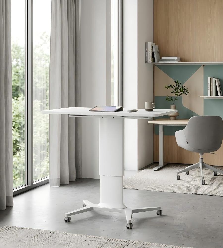 簡約白色可升降帶轆辦公枱 Minimalist White Height Adjustable Office Desk with Wheels