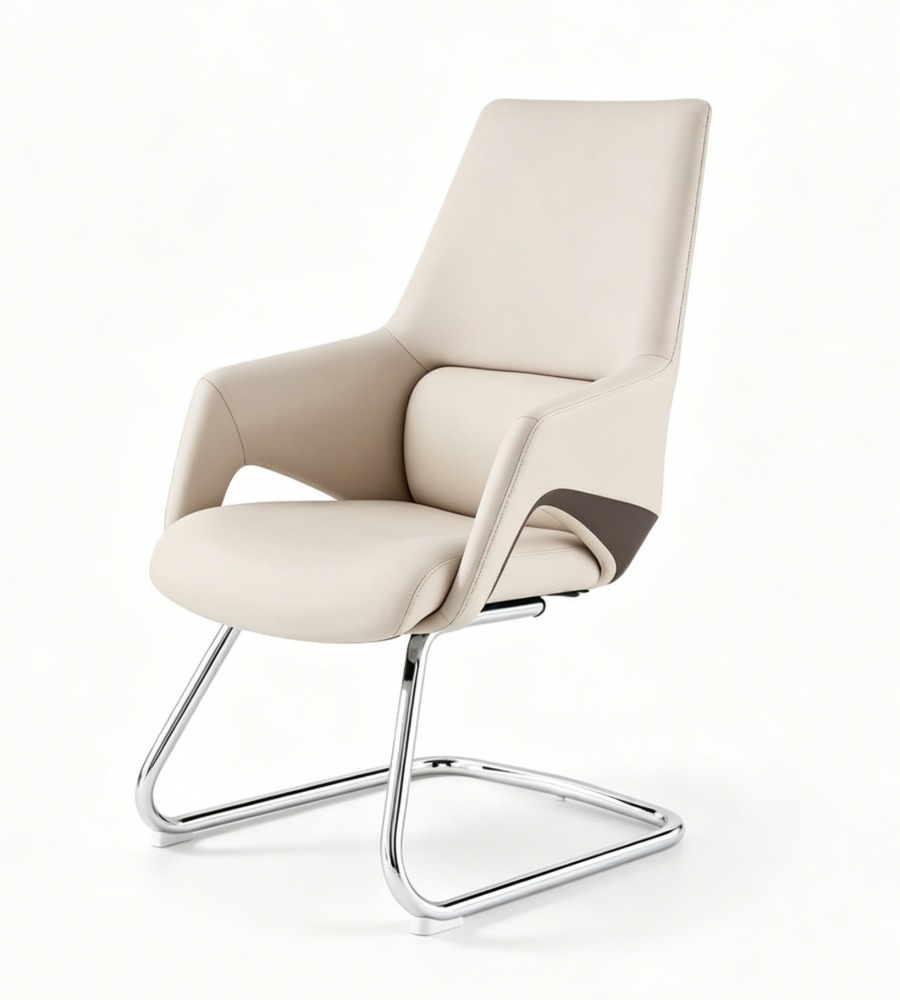 現代米色西皮鏤空弓形腳會議椅 Modern Beige PU Leather Cutout Sled Base Conference Chair