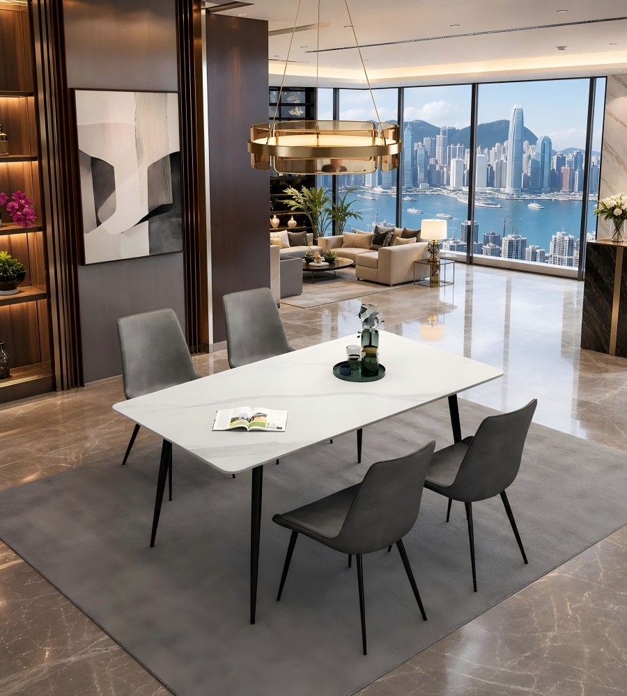 簡約白色岩板長方形餐枱 Modern White Sintered Stone Rectangular Dining Table