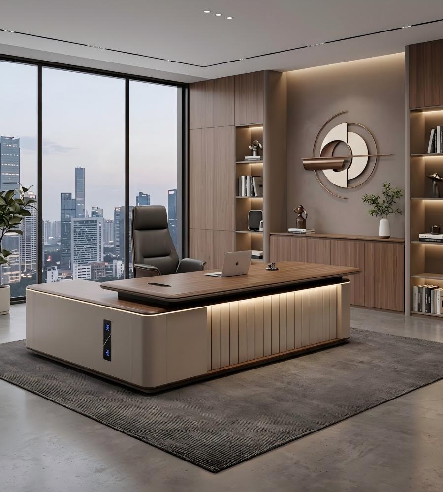 帶燈光格柵組合老闆台 Executive Desk with Integrated Lighting and Fluted Panel