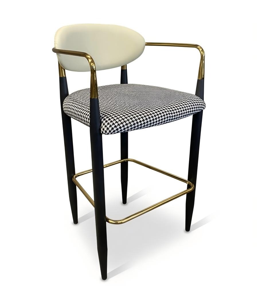輕奢千鳥格布藝黑色鐵腳帶扶手吧椅 Luxury Houndstooth Fabric Iron Bar Stool