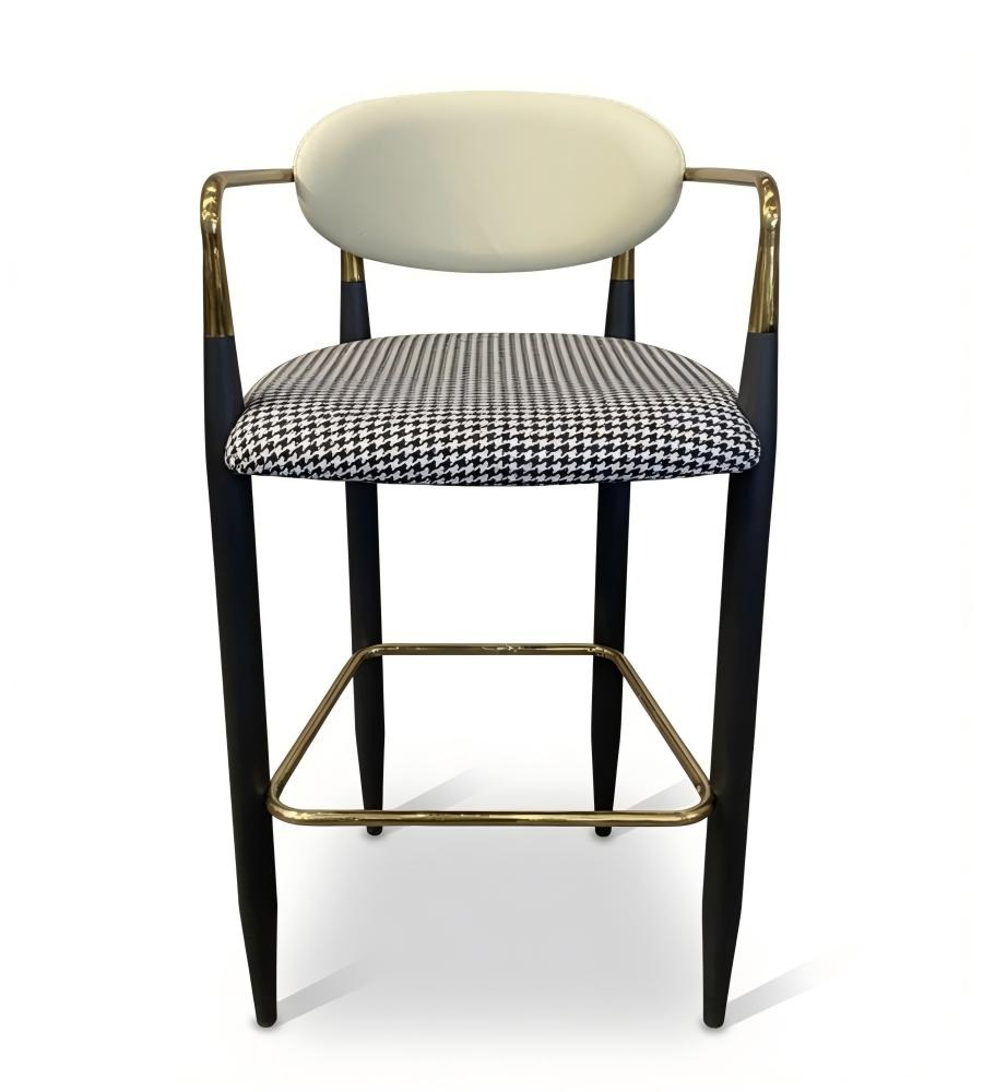 輕奢千鳥格布藝黑色鐵腳帶扶手吧椅 Luxury Houndstooth Fabric Iron Bar Stool