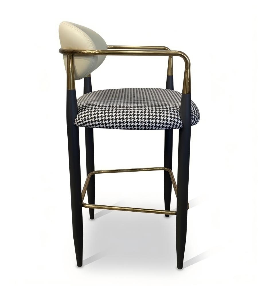 輕奢千鳥格布藝黑色鐵腳帶扶手吧椅 Luxury Houndstooth Fabric Iron Bar Stool