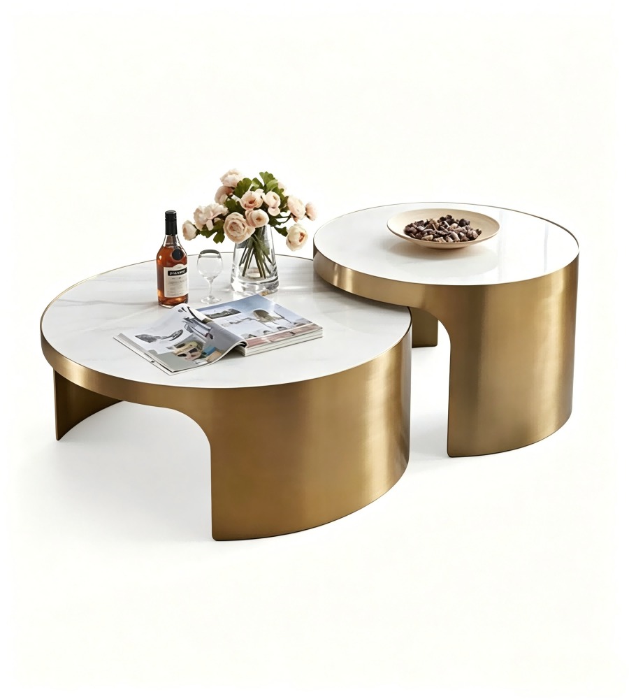 輕奢白色岩板古銅色金屬腳圓形子母茶几 Light Luxury White Sintered Stone Bronze Metal Nesting Coffee Table