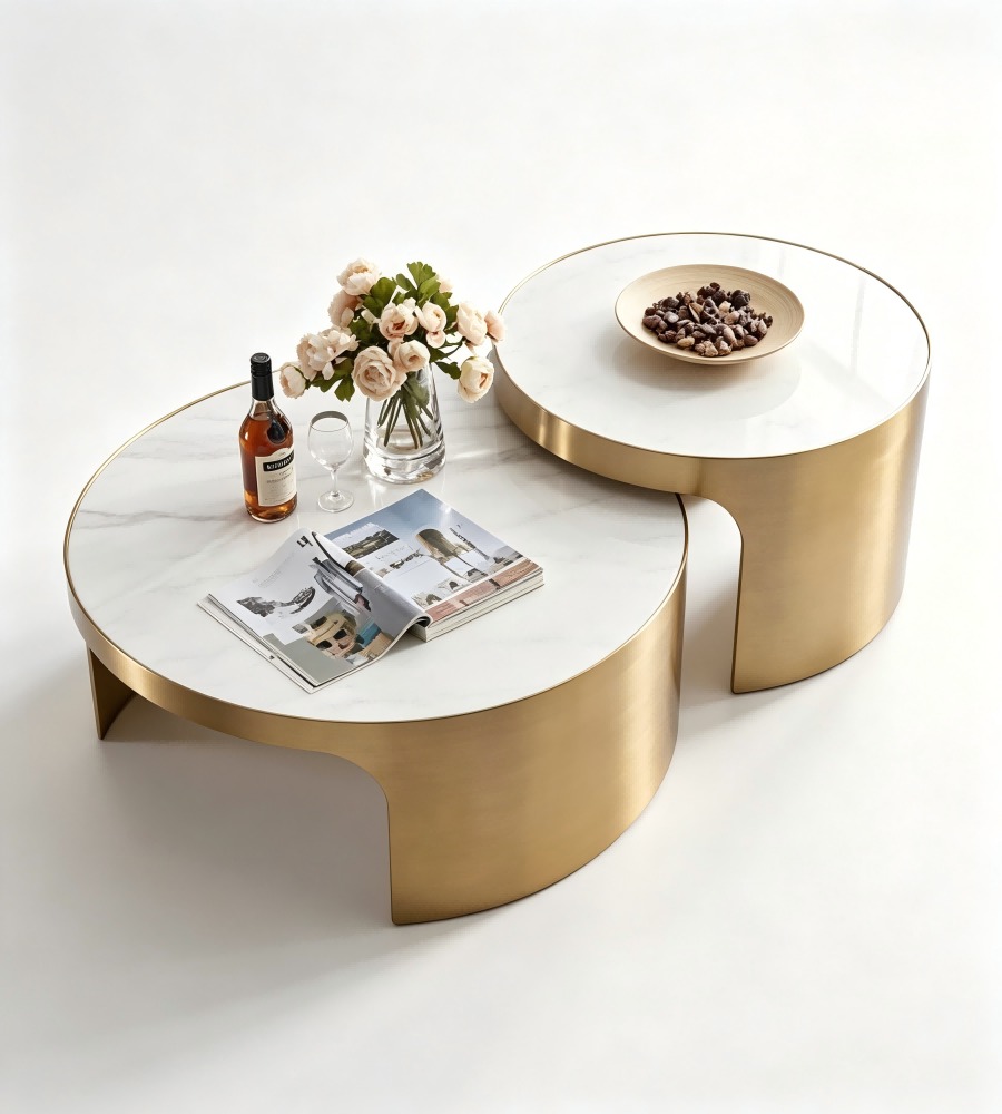 輕奢白色岩板古銅色金屬腳圓形子母茶几 Light Luxury White Sintered Stone Bronze Metal Nesting Coffee Table