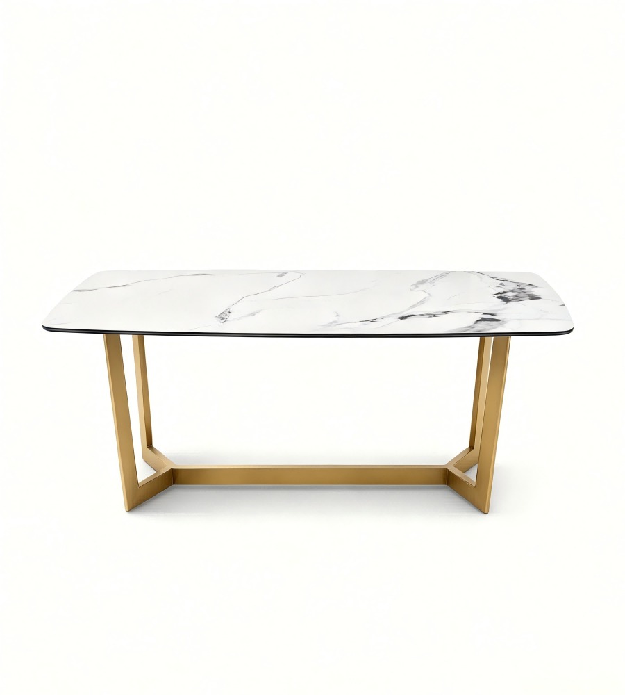 輕奢白色大理石鈦金腳長方形餐枱 Light Luxury White Marble Rectangular Dining Table