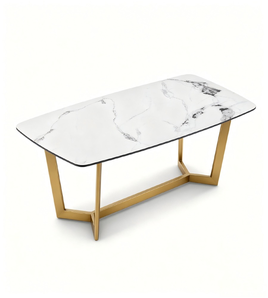 輕奢白色大理石鈦金腳長方形餐枱 Light Luxury White Marble Rectangular Dining Table