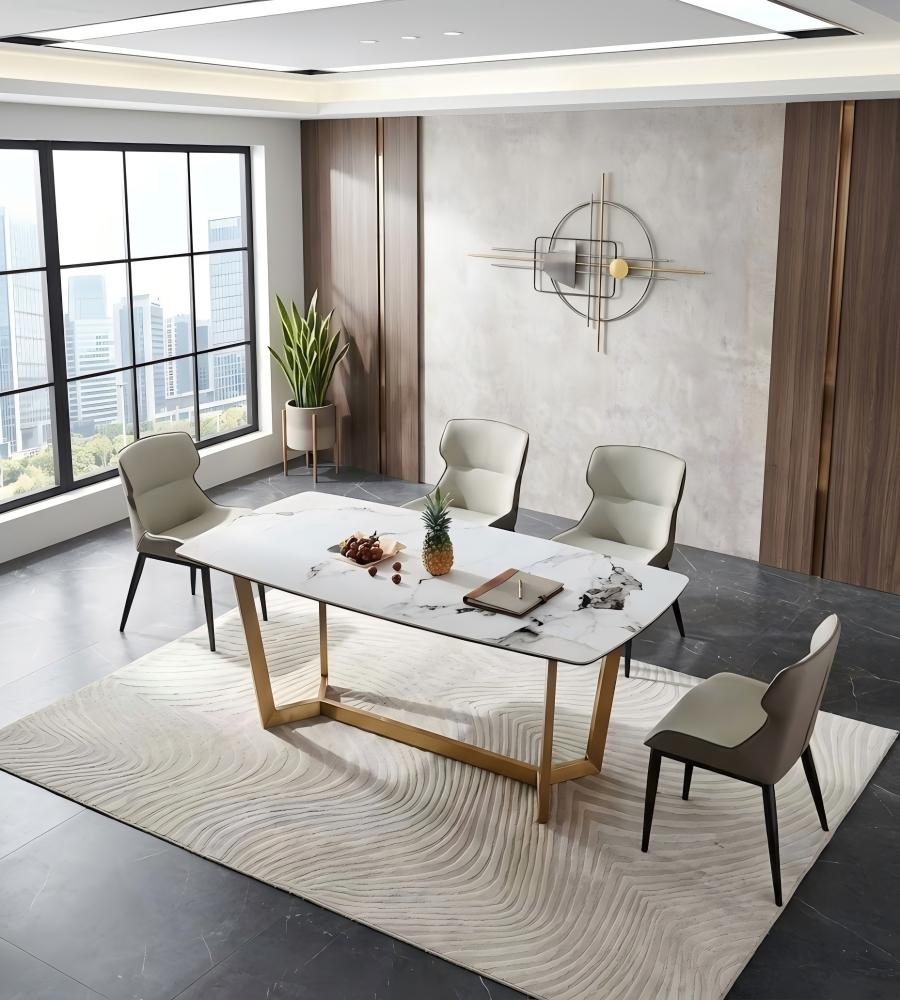 輕奢白色大理石鈦金腳長方形餐枱 Light Luxury White Marble Rectangular Dining Table