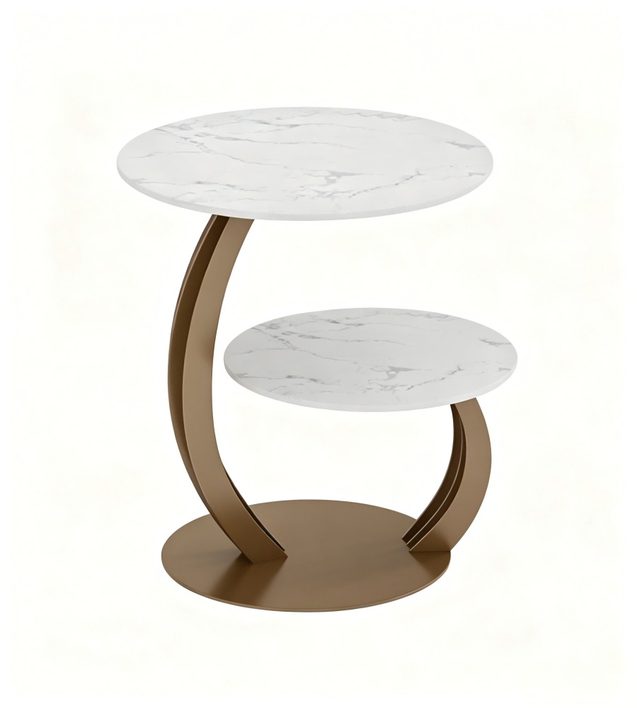 輕奢白色人造石金屬腳雙層圓形茶几Light Luxury White Artificial Stone Metal Leg 2-Tier Round Coffee Table