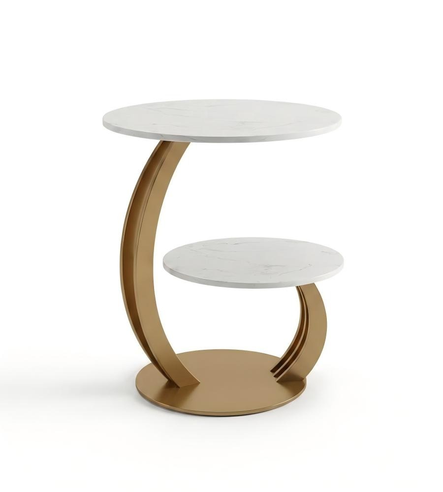輕奢白色人造石金屬腳雙層圓形茶几Light Luxury White Artificial Stone Metal Leg 2-Tier Round Coffee Table