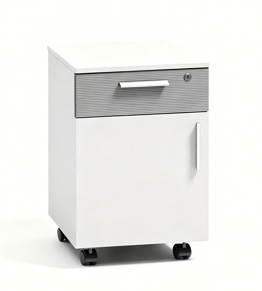 簡約白色拼灰色一櫃桶一門帶鎖帶轆活動櫃 Minimalist White & Grey 1-Drawer 1-Door Mobile Pedestal with Lock