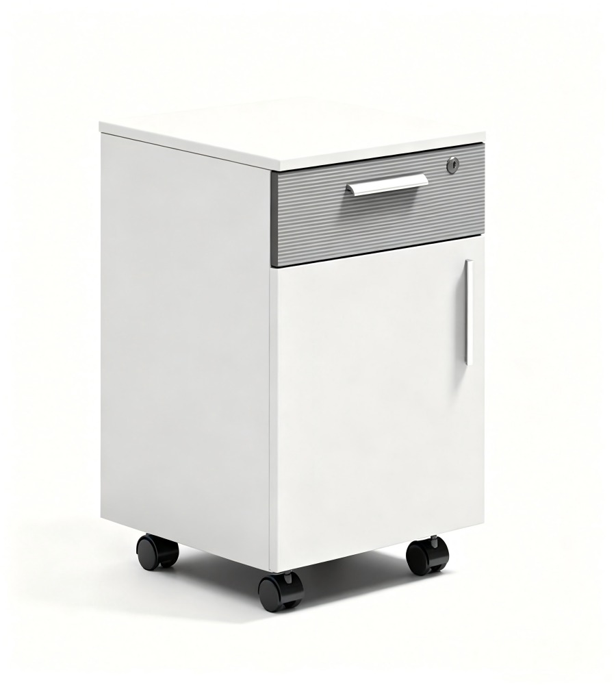 簡約白色拼灰色一櫃桶一門帶鎖帶轆活動櫃 Minimalist White & Grey 1-Drawer 1-Door Mobile Pedestal with Lock