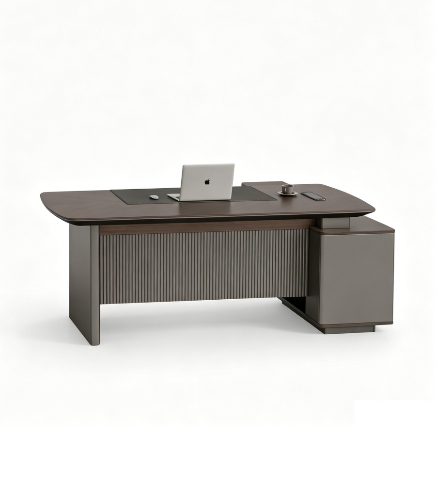 商務胡桃木配鐵灰L形帶側櫃老闆枱 Business Walnut and Iron Grey L-Shaped Boss Desk
