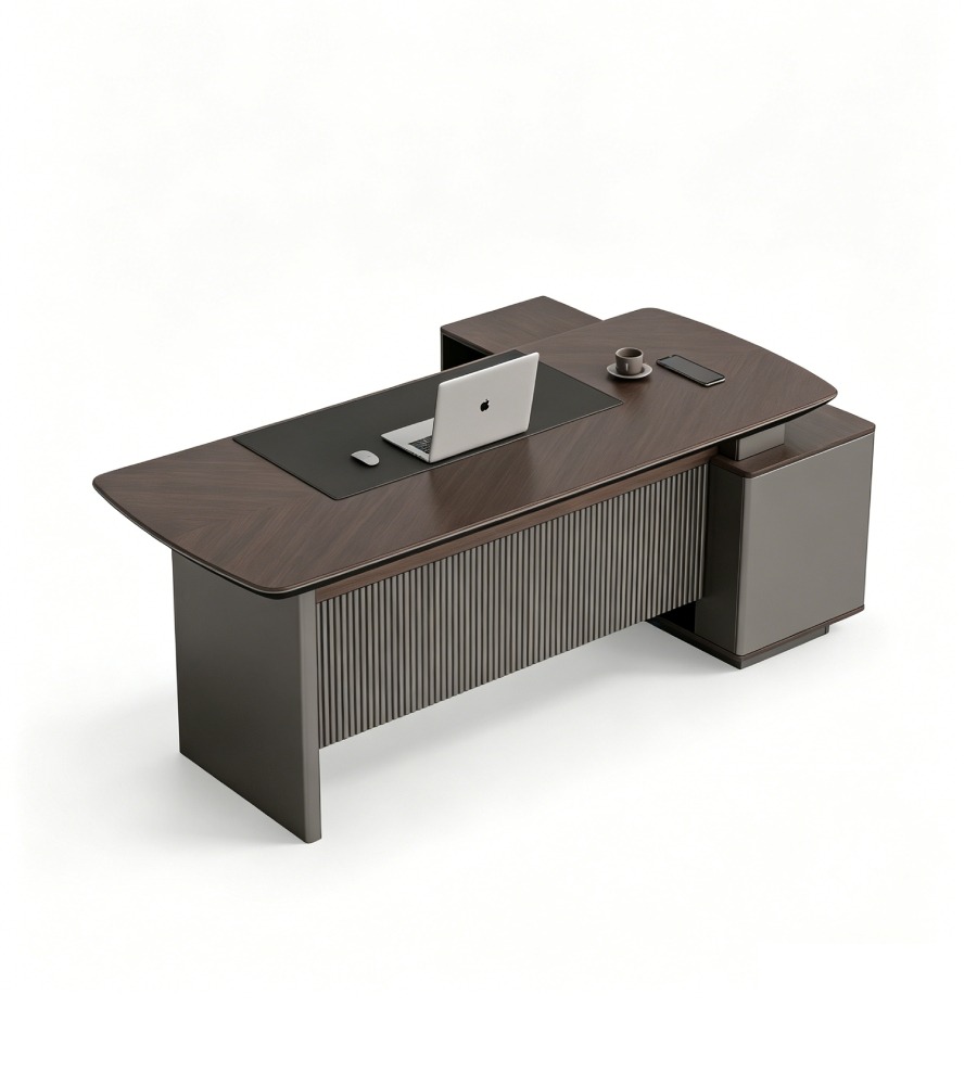 商務胡桃木配鐵灰L形帶側櫃老闆枱 Business Walnut and Iron Grey L-Shaped Boss Desk