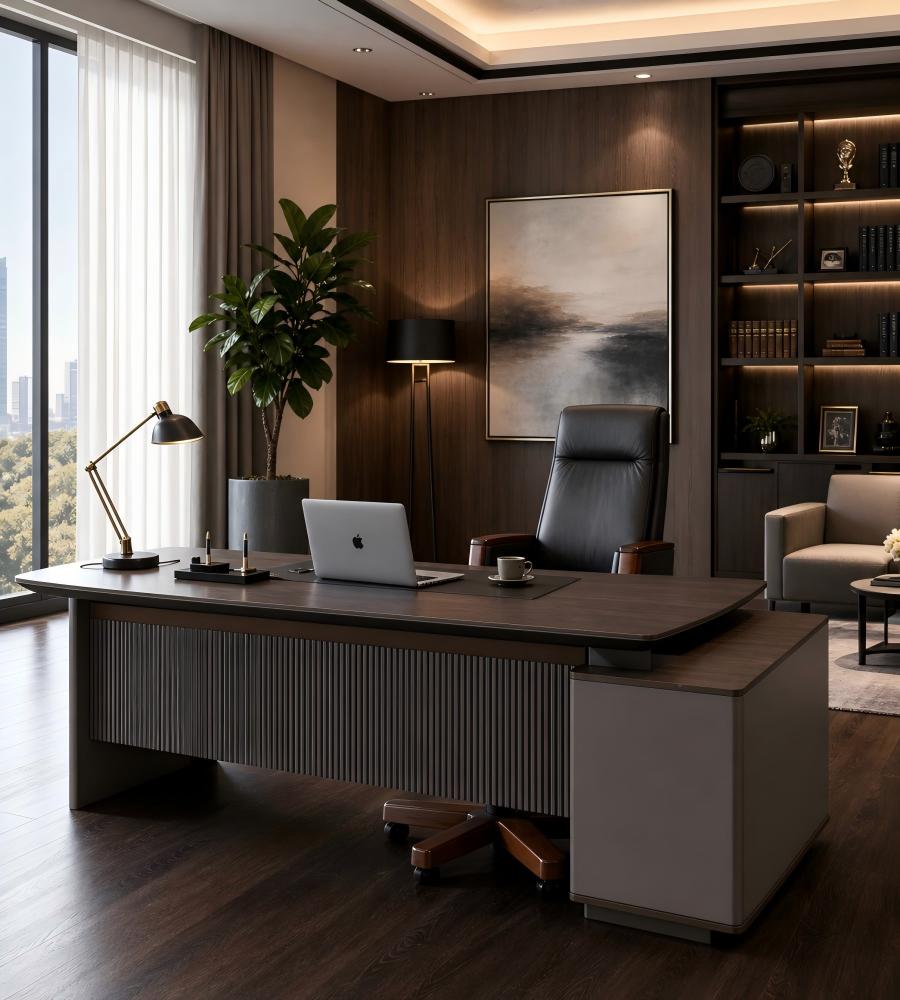 商務胡桃木配鐵灰L形帶側櫃老闆枱 Business Walnut and Iron Grey L-Shaped Boss Desk