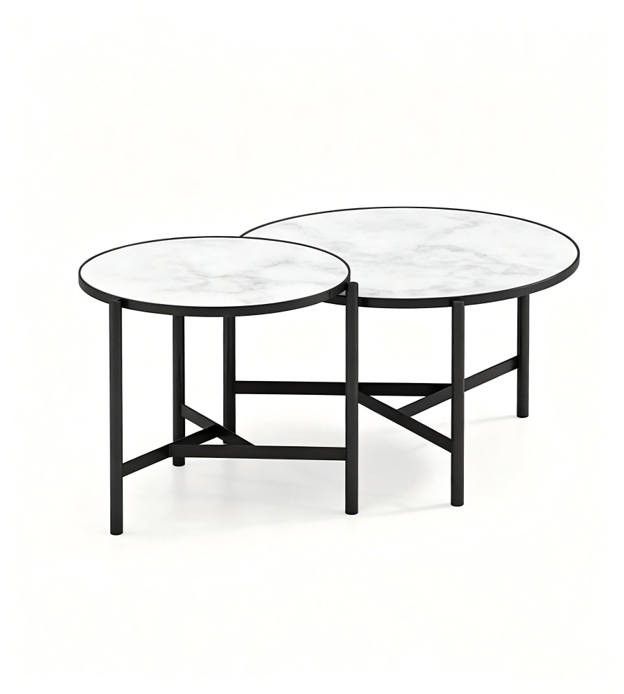 現代白色岩板黑鋼腳圓形組合茶几 Modern White Sintered Stone Round Nesting Coffee Table