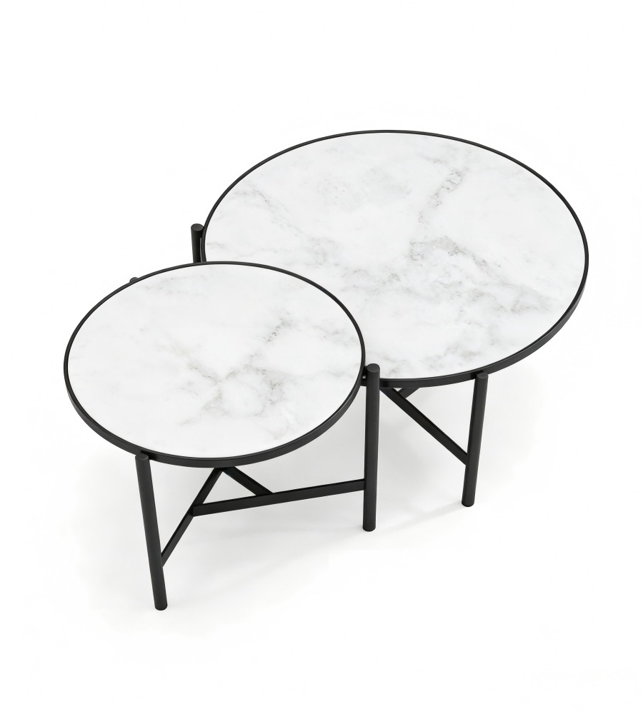 現代白色岩板黑鋼腳圓形組合茶几 Modern White Sintered Stone Round Nesting Coffee Table