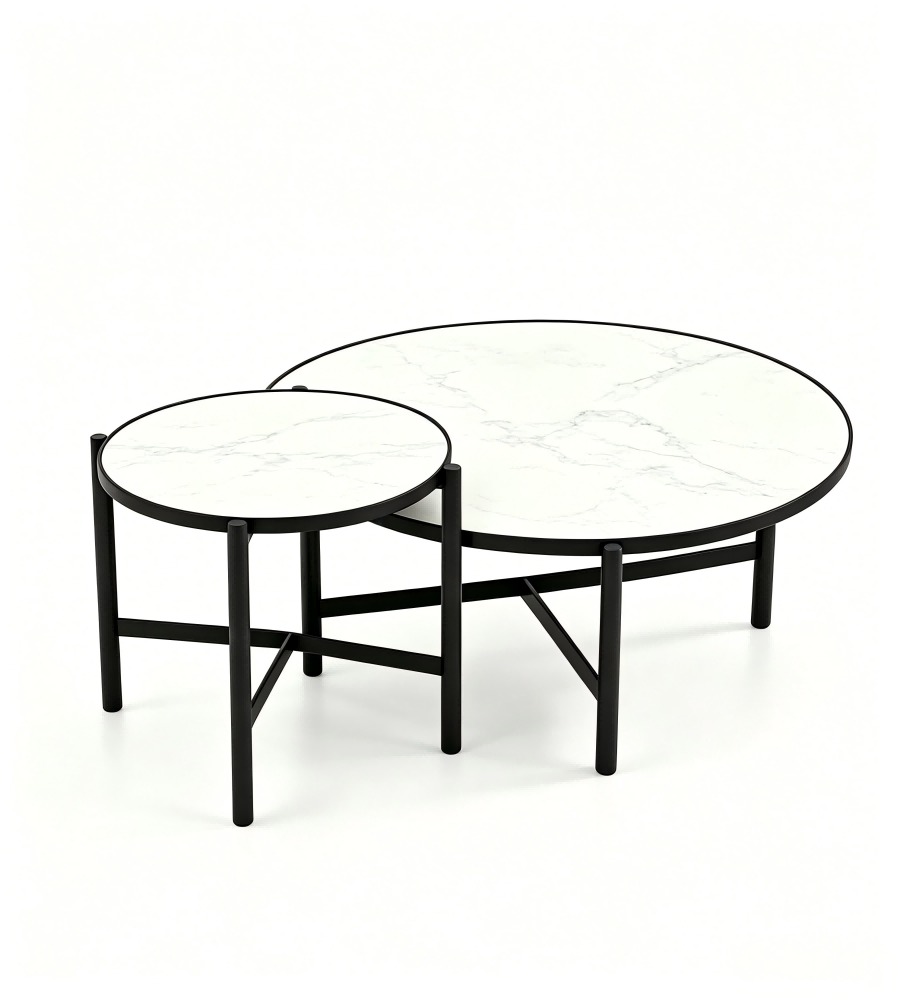 現代白色岩板黑鋼腳圓形組合茶几 Modern White Sintered Stone Round Nesting Coffee Table
