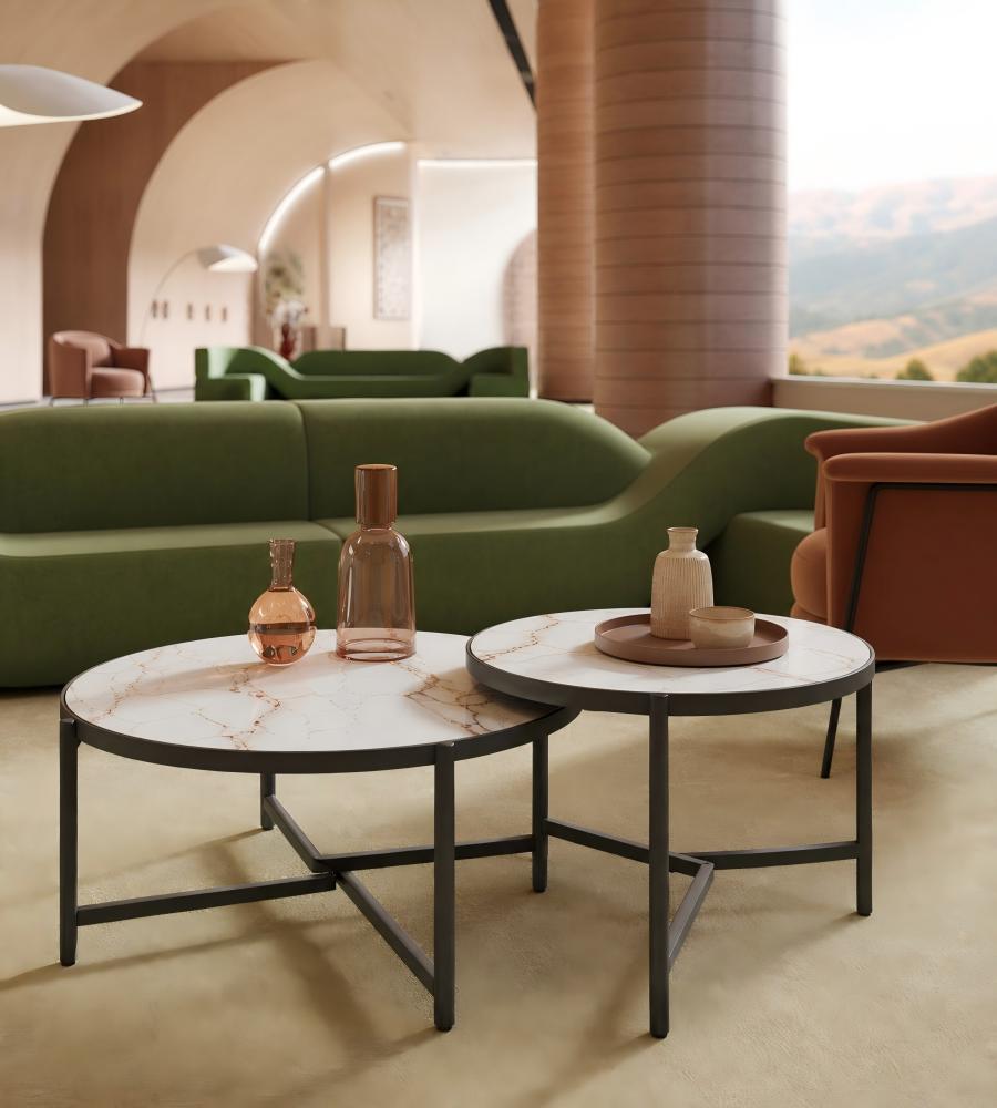 現代白色岩板黑鋼腳圓形組合茶几 Modern White Sintered Stone Round Nesting Coffee Table