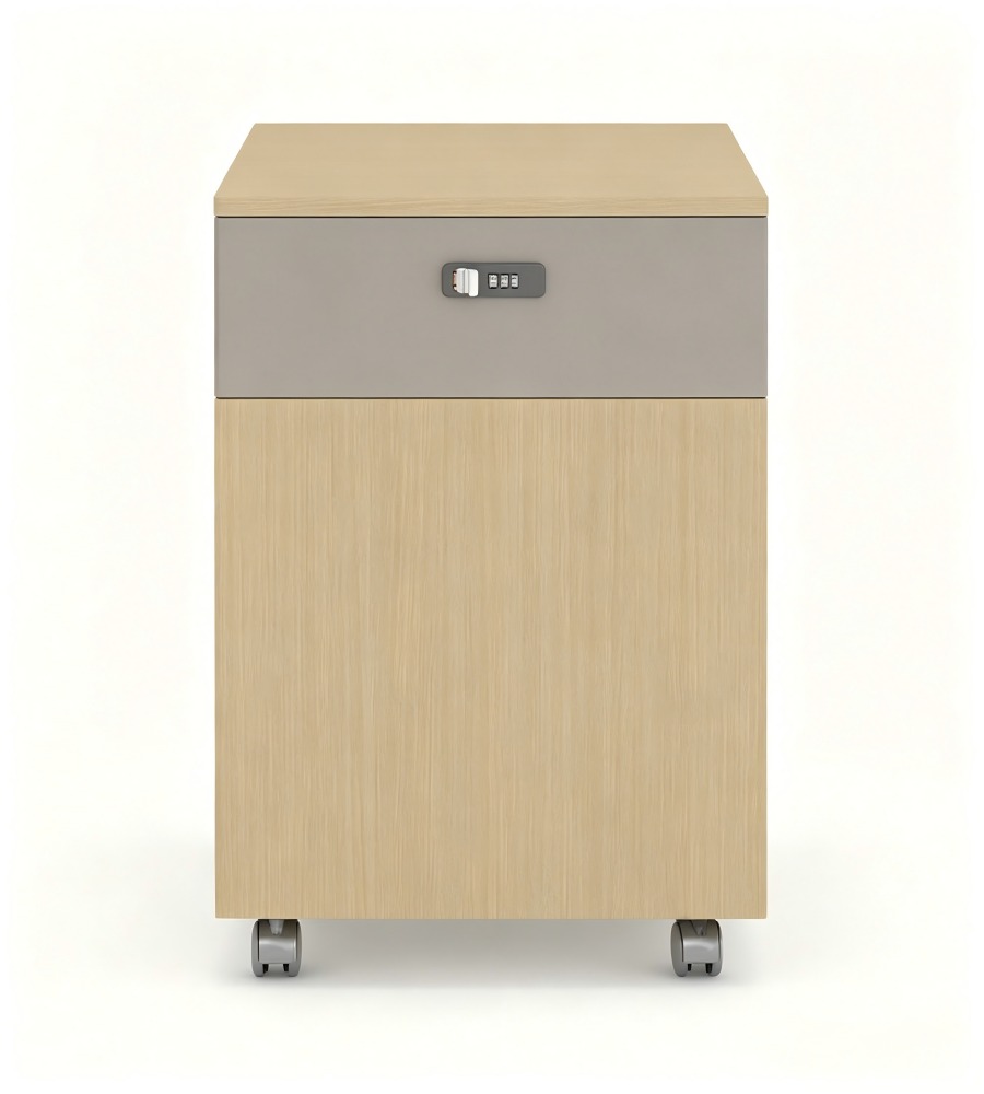 現代淺木色拼灰色一櫃桶一門密碼鎖帶轆活動櫃 Modern Light Wood & Grey 1-Drawer 1-Door Mobile Pedestal