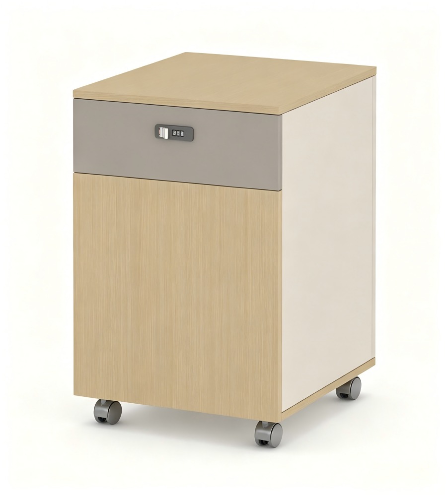 現代淺木色拼灰色一櫃桶一門密碼鎖帶轆活動櫃 Modern Light Wood & Grey 1-Drawer 1-Door Mobile Pedestal