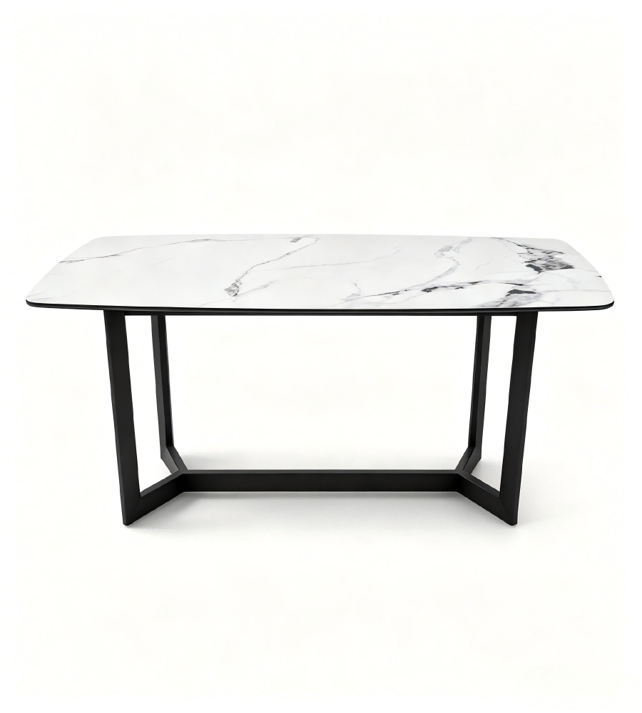 現代白色大理石黑鋼腳長方形餐枱 Modern White Marble Rectangular Dining Table