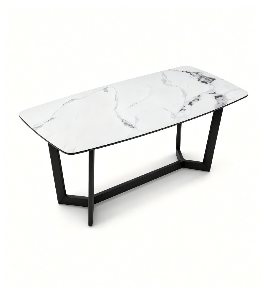 現代白色大理石黑鋼腳長方形餐枱 Modern White Marble Rectangular Dining Table