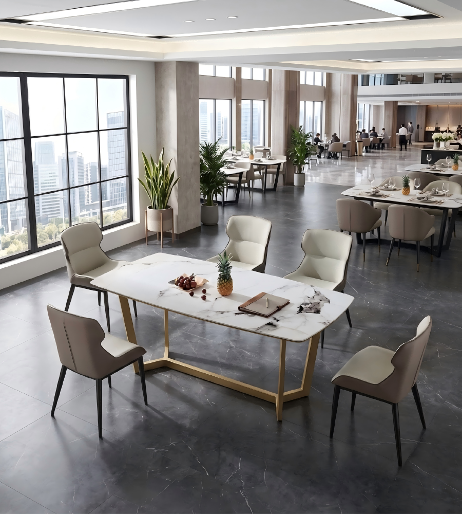 現代白色大理石黑鋼腳長方形餐枱 Modern White Marble Rectangular Dining Table