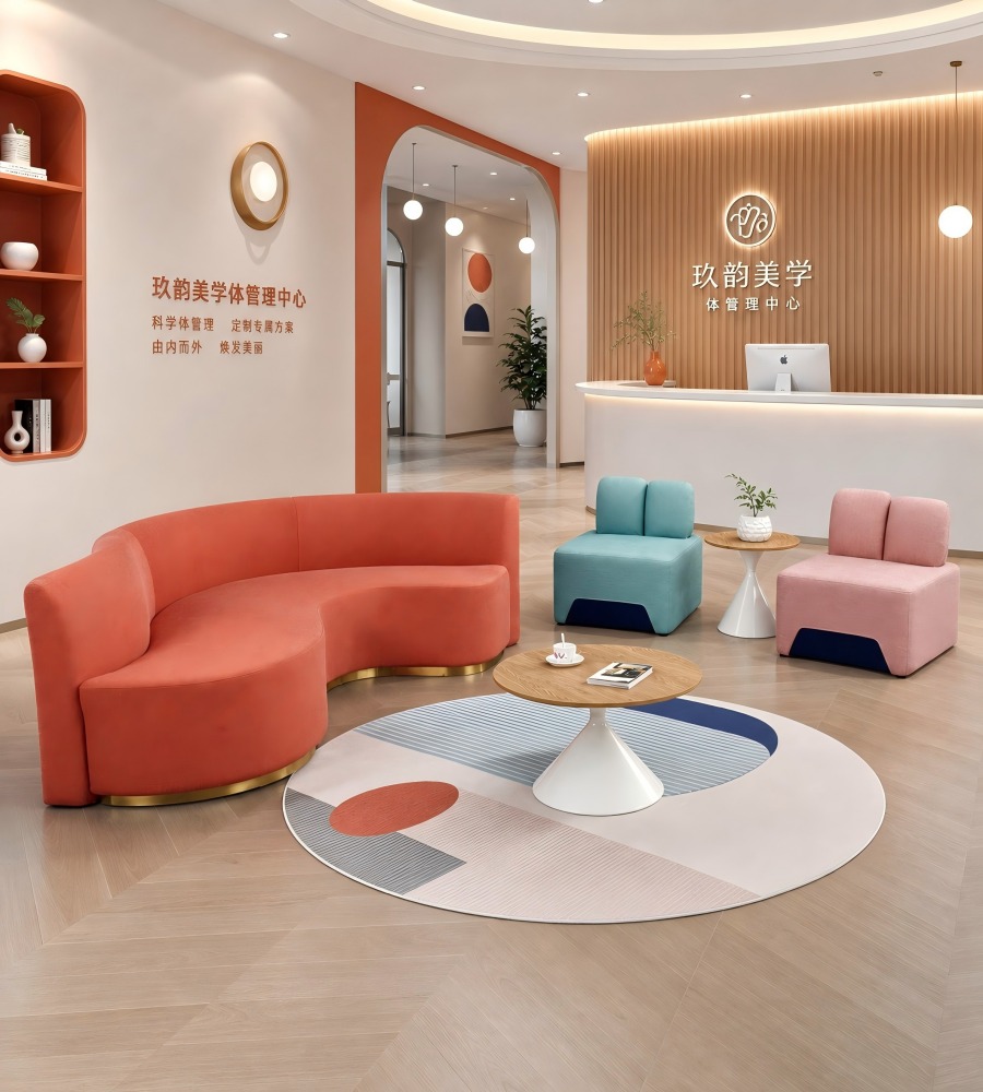 現代輕奢橙色皮布雙拼弧形梳化 Modern Luxury Orange Leather and Fabric Curved Sofa