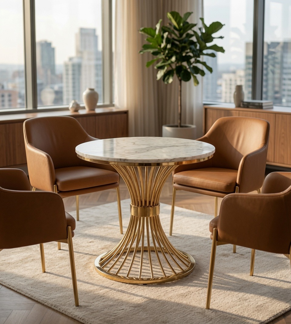 輕奢白色大理石金色不銹鋼圓形洽談枱 Light Luxury Marble Round Table