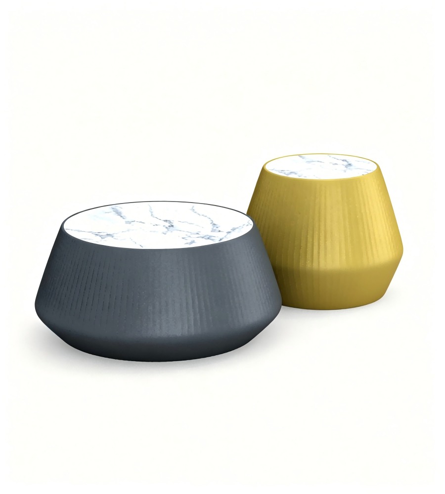 現代白色岩板百褶皮面金色圓形茶几 Modern Sintered Stone Round Coffee Table