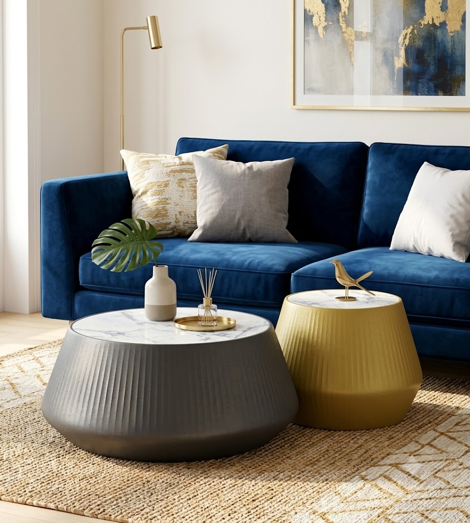 現代白色岩板百褶皮面金色圓形茶几 Modern Sintered Stone Round Coffee Table