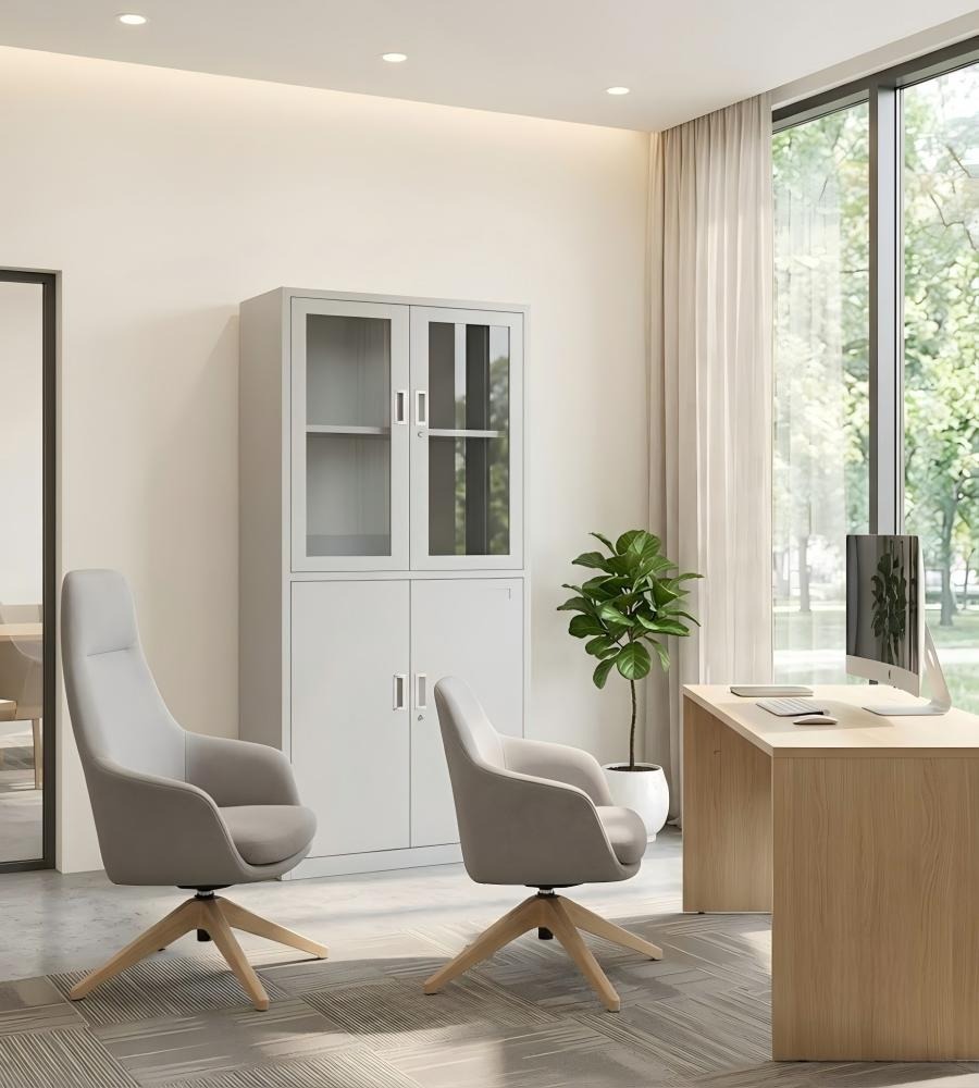 上下對開玻璃鋼製文件櫃 Upper Glass & Lower Steel Double-Door Filing Cabinet