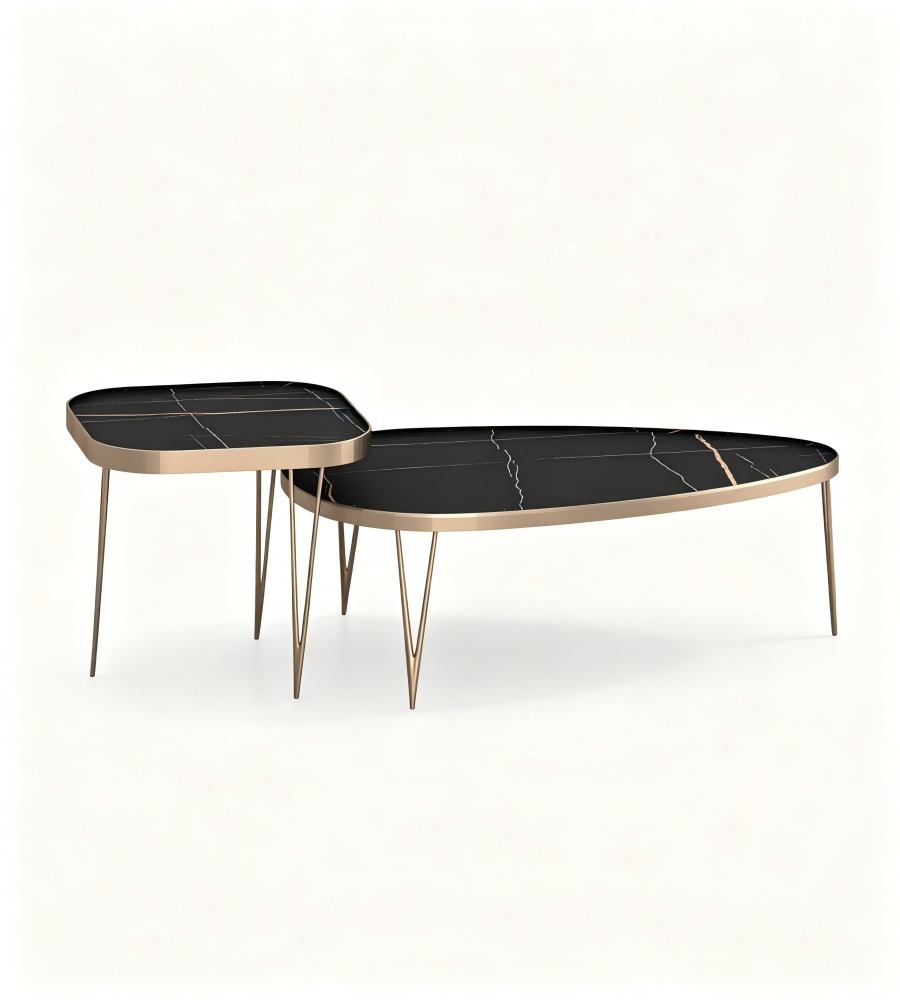 輕奢黑金岩板古銅色金屬腳組合茶几 Light Luxury Black Sintered Stone Bronze Metal Nesting Coffee Table