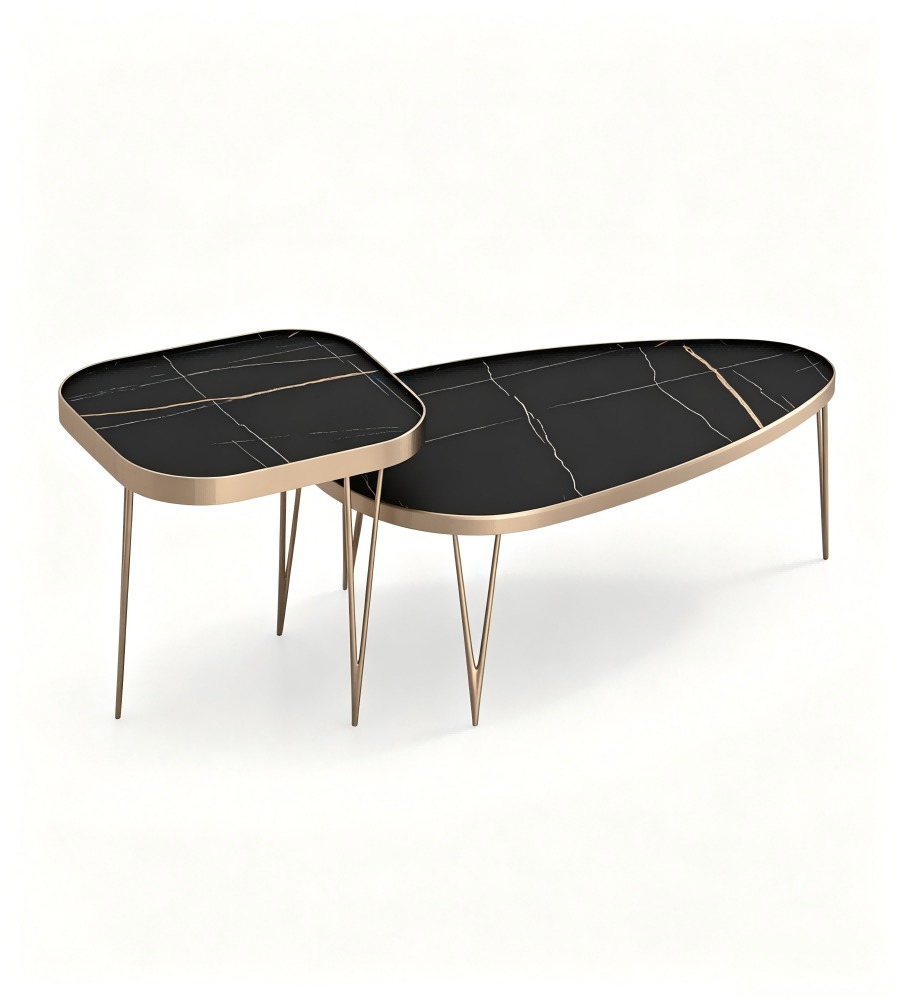 輕奢黑金岩板古銅色金屬腳組合茶几 Light Luxury Black Sintered Stone Bronze Metal Nesting Coffee Table