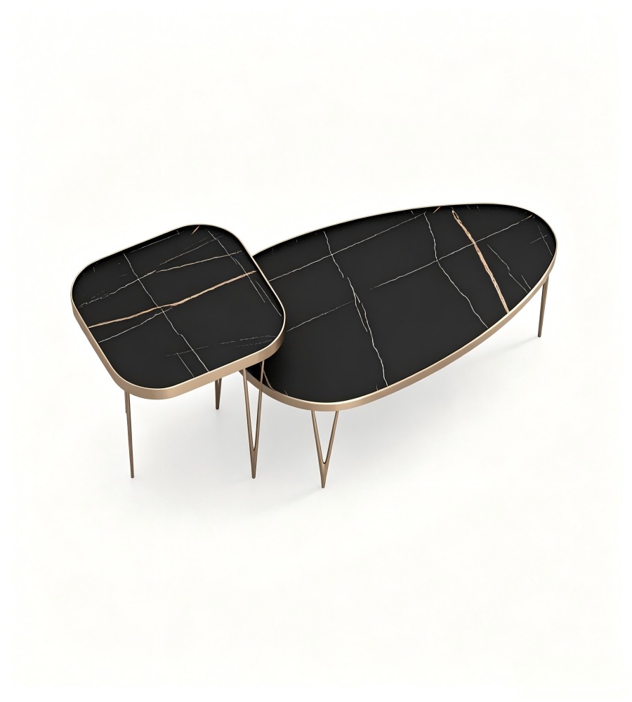 輕奢黑金岩板古銅色金屬腳組合茶几 Light Luxury Black Sintered Stone Bronze Metal Nesting Coffee Table