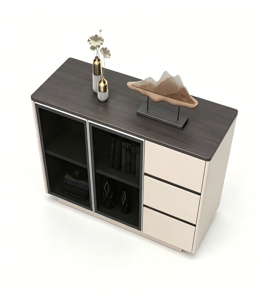 現代商務米色拼木紋玻璃掩門文件櫃 Modern Beige and Wood Filing Cabinet