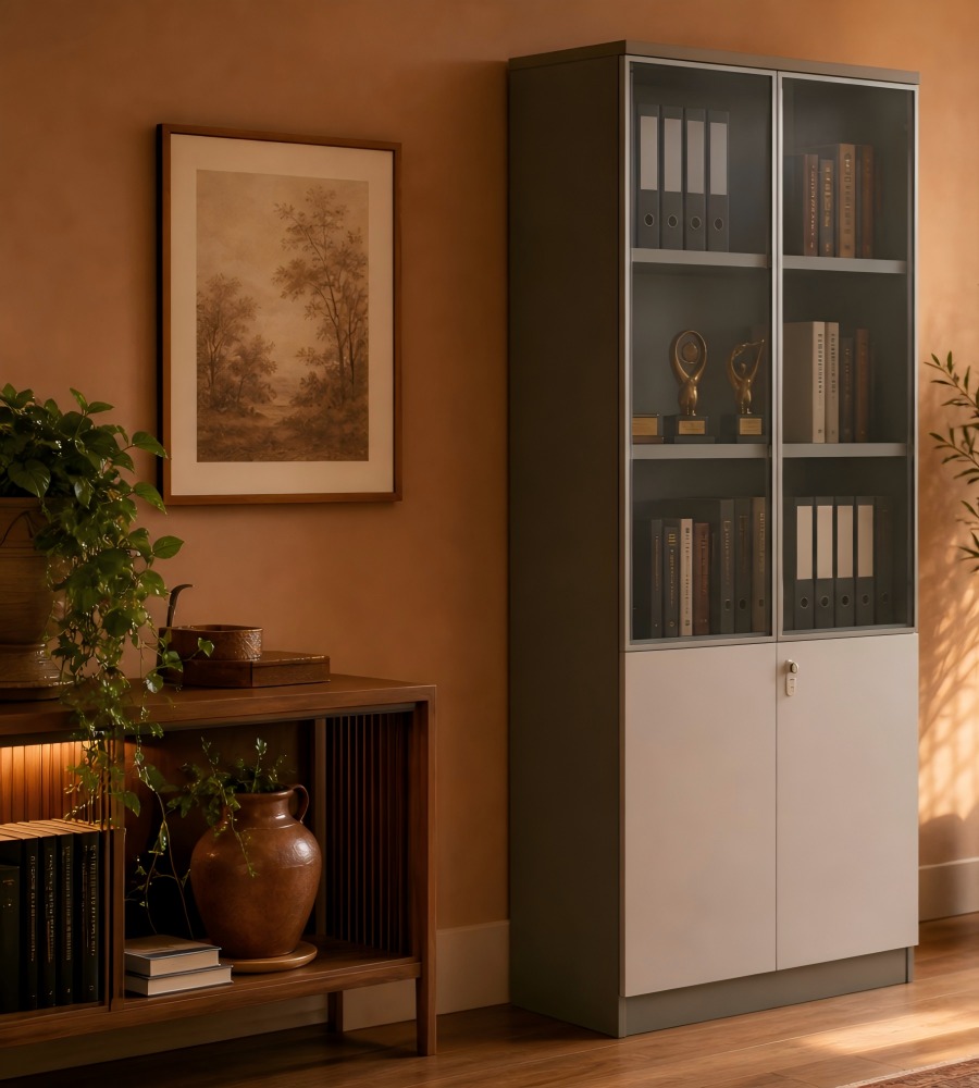 深灰木製茶色玻璃掩門帶密碼鎖文件櫃 Dark Grey Wooden Glass File Cabinet